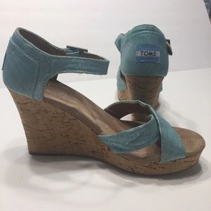 Toms Wedge Sandals Aqua Blue Metallic Size 8.5